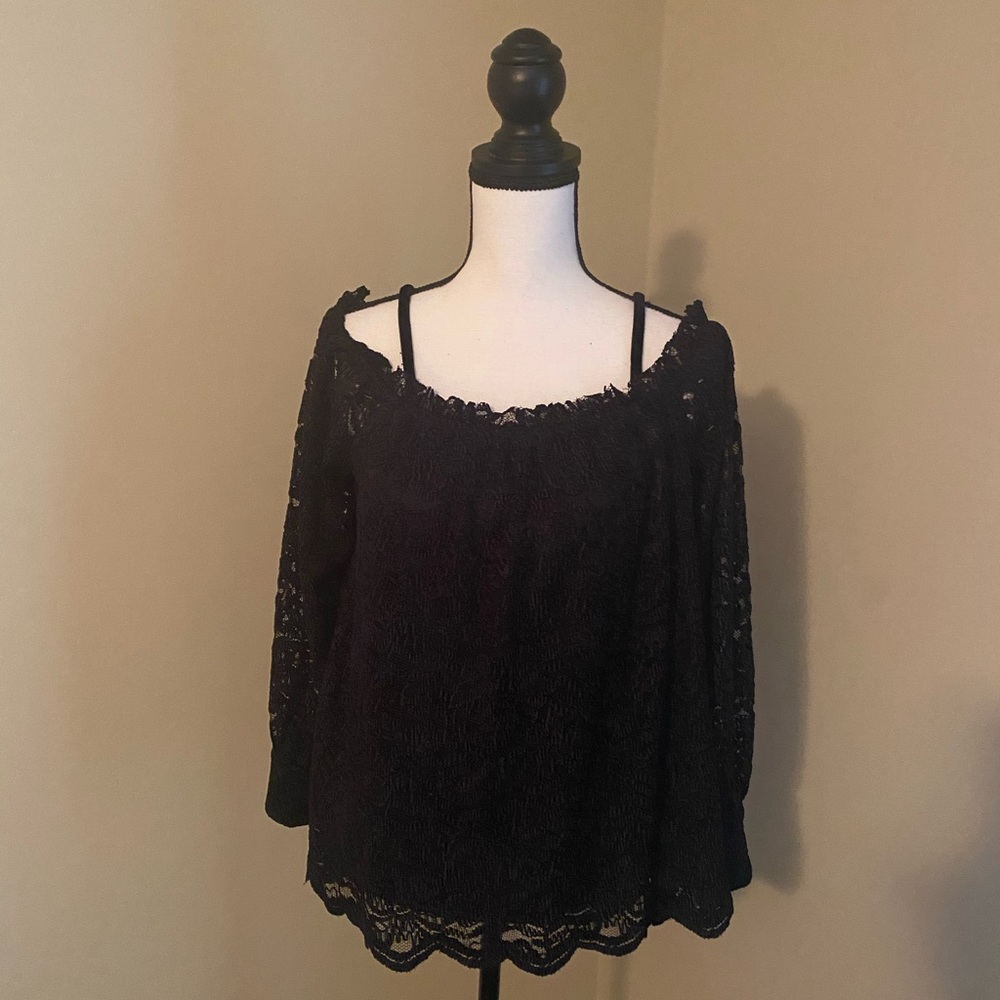 Anthro Off Shoulder Lace Top with Velvet Straps